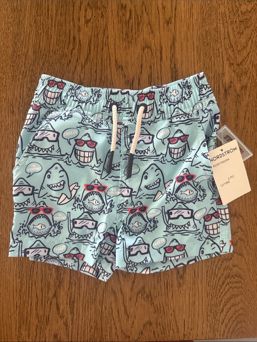 Andy & Evan Light Aqua Shark Print Swim Shorts with Red Sunglass Accents NEW